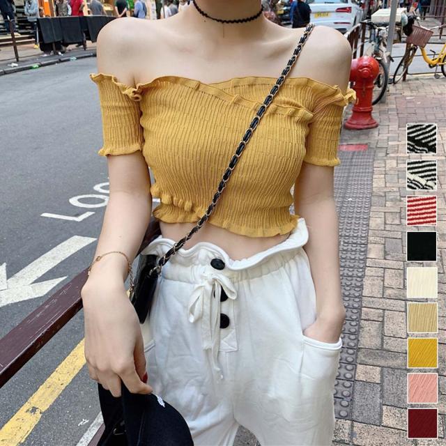 サマーニット オフショルダー 肩だし トップス オフショル フリル 春夏 送料無料 即日発送-4