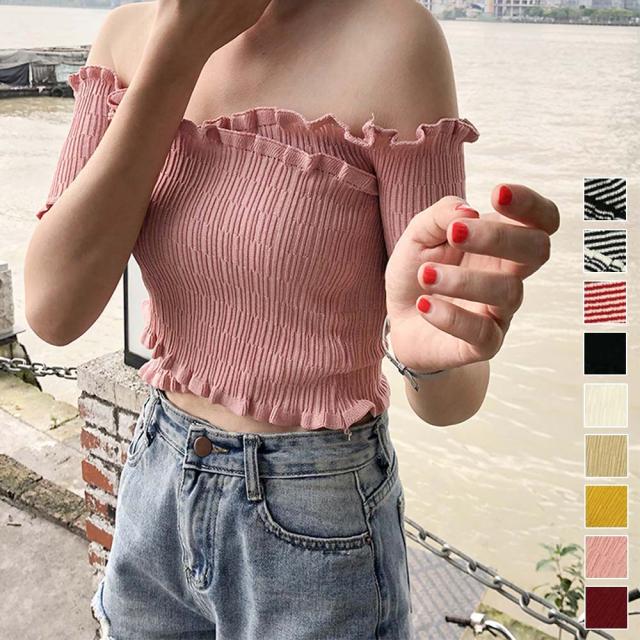 サマーニット オフショルダー 肩だし トップス オフショル フリル 春夏 送料無料 即日発送-6