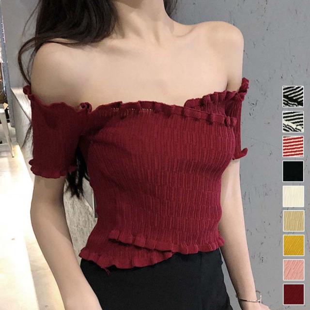 サマーニット オフショルダー 肩だし トップス オフショル フリル 春夏 送料無料 即日発送-7
