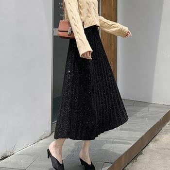 プリーツスカート レディース ウエストゴム ミディアム丈スカート ラメ入り aラインスカート 送料無料 即日発送-4