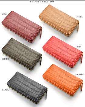 長財布メッシュシープスキン革ラウンドファスナー長財布 E-031M レディース羊革編み込み婦人財布 6色展開 送料無料-3