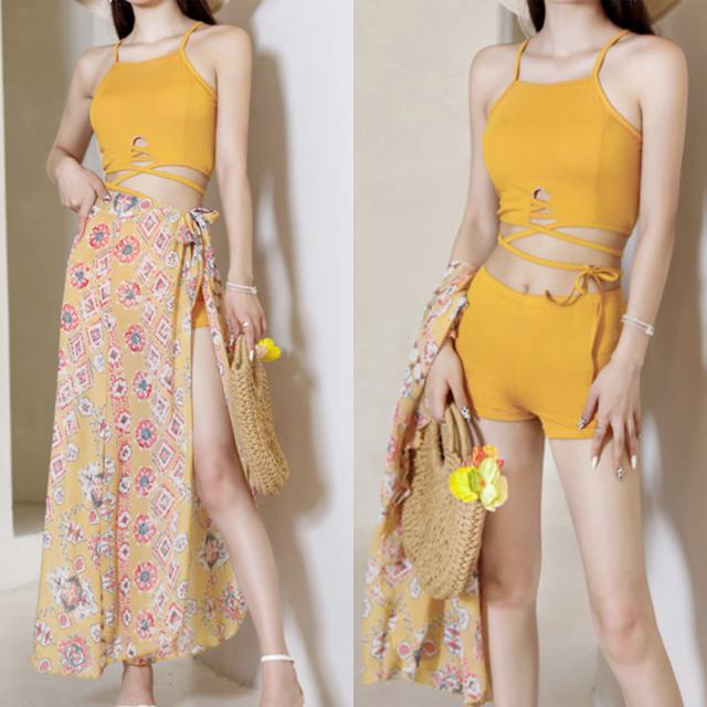 ビキニ レディース パレオ付き3点セット水着 ハイウエスト ショートパンツ リゾート 送料無料 即日発送-6