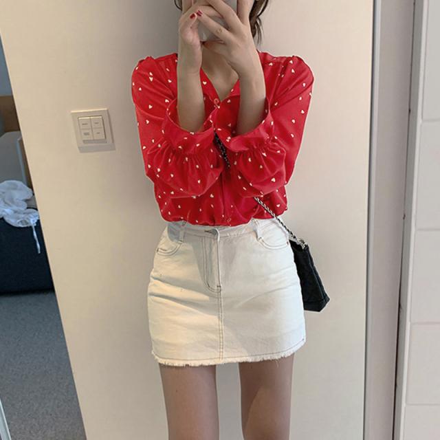 ハート柄 シャツブラウス レディースVネック シフォンシャツ ラッパ袖 トップス 送料無料 即日発送-8