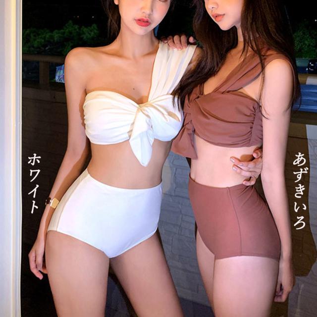 ワンショルダー 水着 2点セパレート 水着 レディース 体型カバー バンドゥ ビキニ 送料無料 即日発送-1