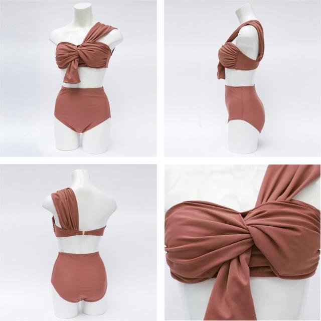 ワンショルダー 水着 2点セパレート 水着 レディース 体型カバー バンドゥ ビキニ 送料無料 即日発送-2