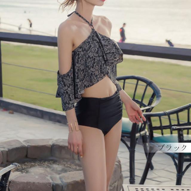 ホルターネック ビキニ レディース セクシー フレア 水着 花柄 ビキニ 2点セット 送料無料 即日発送-1