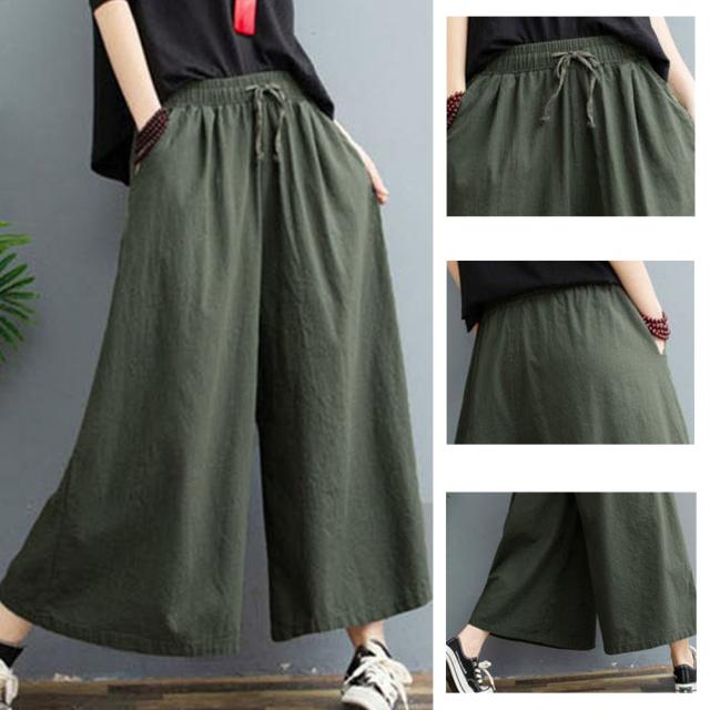 リネンワイドパンツ レデイース ガウチョパンツ スカーチョ ウエストゴム 楽ちん 無地 薄手 送料無料 即日発送-2