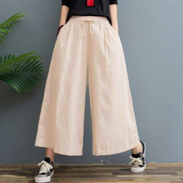 リネンワイドパンツ レデイース ガウチョパンツ スカーチョ ウエストゴム 楽ちん 無地 薄手 送料無料 即日発送-3