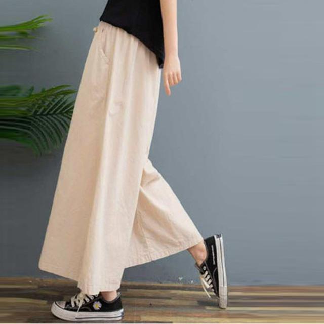 リネンワイドパンツ レデイース ガウチョパンツ スカーチョ ウエストゴム 楽ちん 無地 薄手 送料無料 即日発送-4