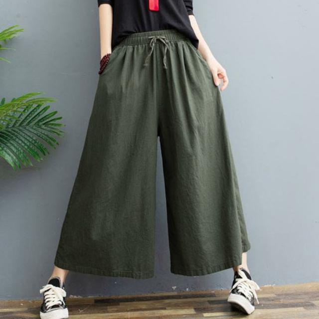 リネンワイドパンツ レデイース ガウチョパンツ スカーチョ ウエストゴム 楽ちん 無地 薄手 送料無料 即日発送-5