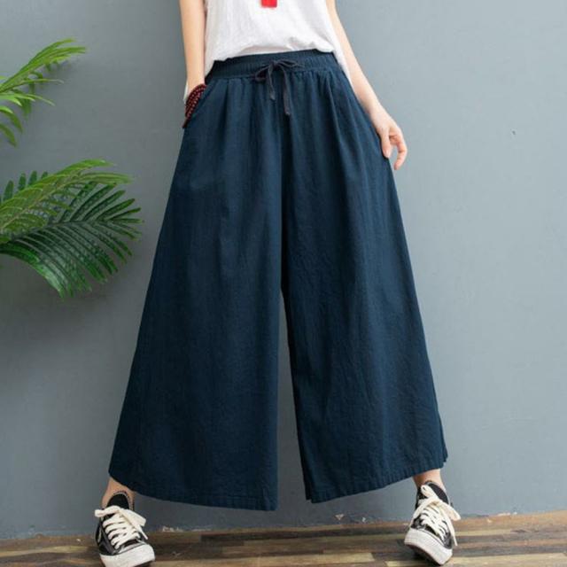 リネンワイドパンツ レデイース ガウチョパンツ スカーチョ ウエストゴム 楽ちん 無地 薄手 送料無料 即日発送-8