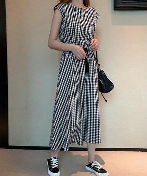 ワンピース リネンワンピース レディース ウエストゴム チェック柄 ロングワンピース ウエストシャーリング 送料無料 即日発送-7