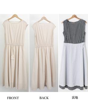 ワンピース リネンワンピース レディース ウエストゴム チェック柄 ロングワンピース ウエストシャーリング 送料無料 即日発送-8