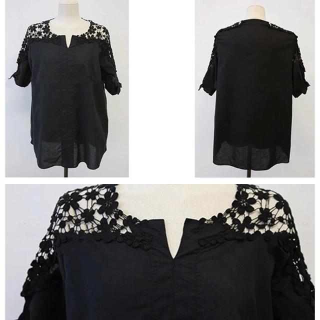 フラワーレース ブラウス レディース 半袖シャツ チュニック Vネック プルオーバー ゆったり 送料無料 即日発送-2