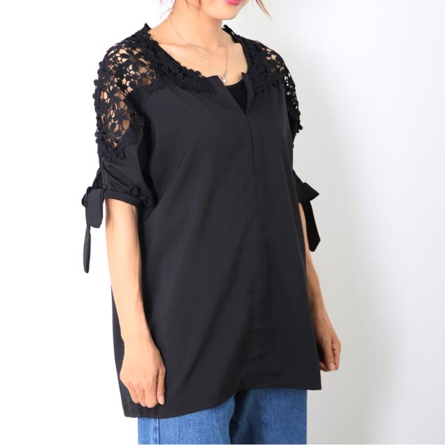 フラワーレース ブラウス レディース 半袖シャツ チュニック Vネック プルオーバー ゆったり 送料無料 即日発送-3