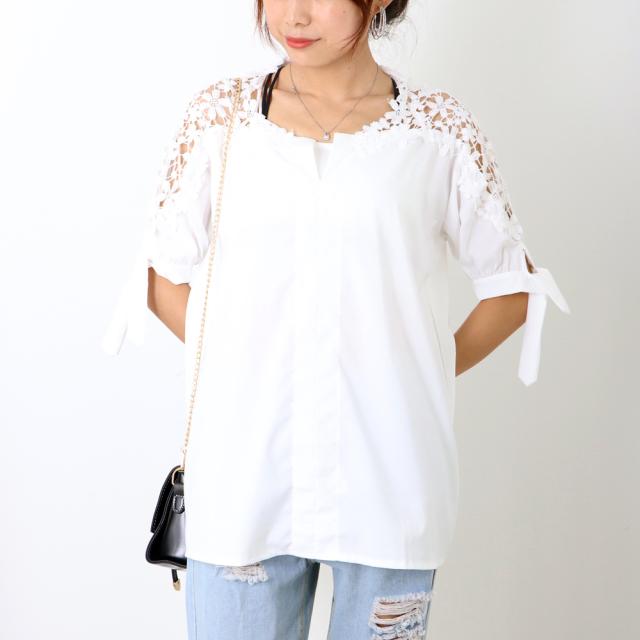 フラワーレース ブラウス レディース 半袖シャツ チュニック Vネック プルオーバー ゆったり 送料無料 即日発送-4