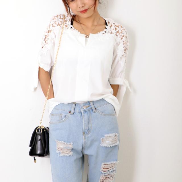 フラワーレース ブラウス レディース 半袖シャツ チュニック Vネック プルオーバー ゆったり 送料無料 即日発送-5