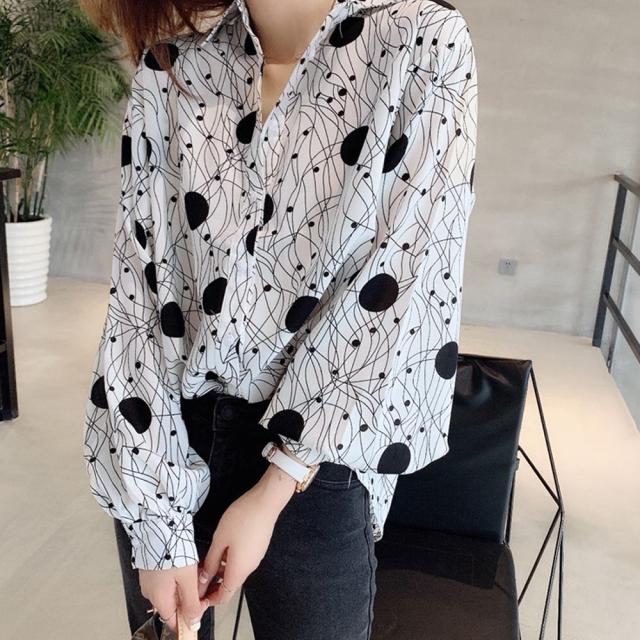 ブラウス 柄シャツ レトロ レディース おしゃれ 幾何学プリント 長袖 トップス 夏春秋 送料無料 即日発送-1