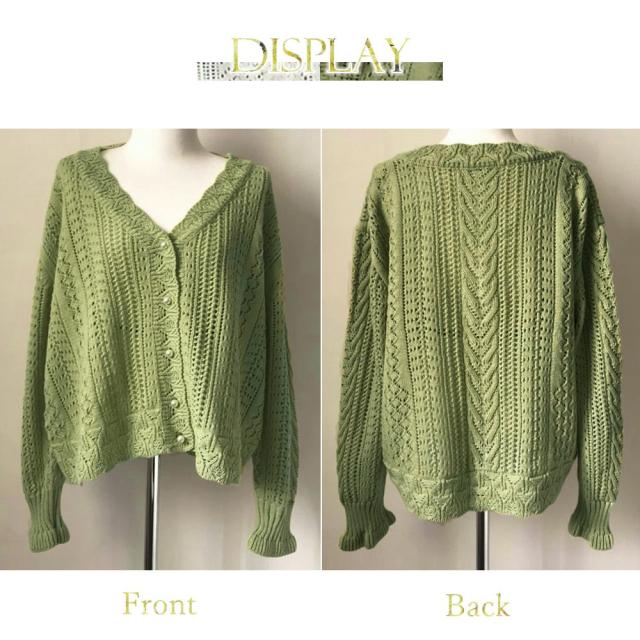 ニットカーディガン レディース 透かし レース編みカーデ 春 Vネックニット 長袖 送料無料 即日発送-2