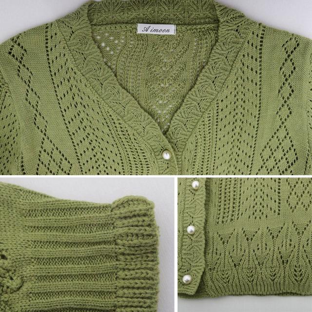 ニットカーディガン レディース 透かし レース編みカーデ 春 Vネックニット 長袖 送料無料 即日発送-3