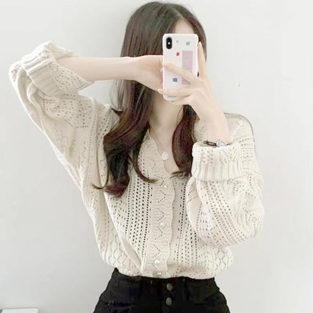 ニットカーディガン レディース 透かし レース編みカーデ 春 Vネックニット 長袖 送料無料 即日発送-4