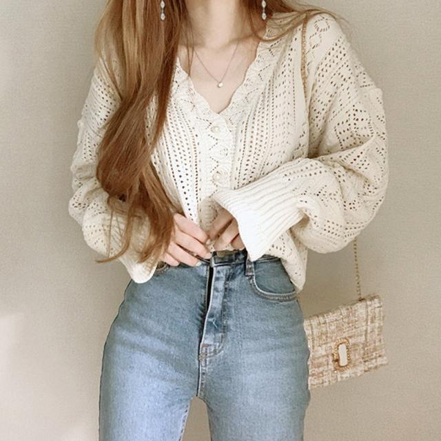 ニットカーディガン レディース 透かし レース編みカーデ 春 Vネックニット 長袖 送料無料 即日発送-6