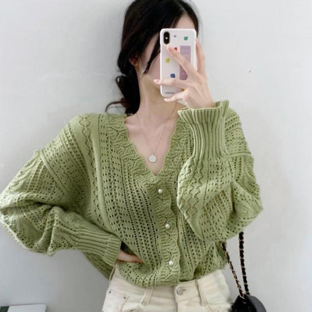 ニットカーディガン レディース 透かし レース編みカーデ 春 Vネックニット 長袖 送料無料 即日発送-7