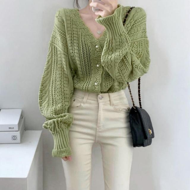 ニットカーディガン レディース 透かし レース編みカーデ 春 Vネックニット 長袖 送料無料 即日発送-8