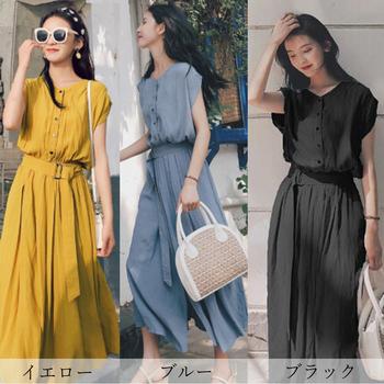 ワンピース シャツワンピース レディース ベルト付き ロングワンピース ノースリーブ 着やせ シフォン 送料無料 即日発送-1