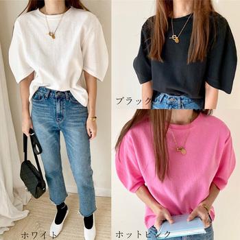 パフスリーブ Tシャツ レディース 夏 半袖 カットソー ラウンドネック トップス カジュアル 送料無料 即日発送-1