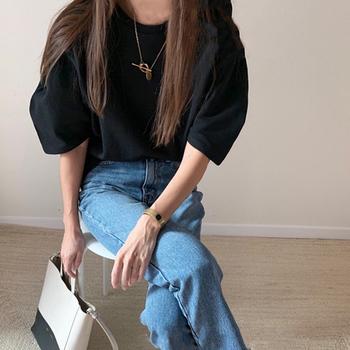 パフスリーブ Tシャツ レディース 夏 半袖 カットソー ラウンドネック トップス カジュアル 送料無料 即日発送-5