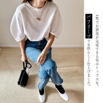 パフスリーブ Tシャツ レディース 夏 半袖 カットソー ラウンドネック トップス カジュアル 送料無料 即日発送-7