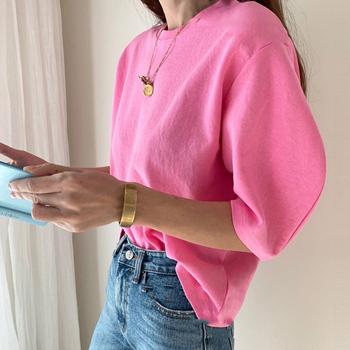 パフスリーブ Tシャツ レディース 夏 半袖 カットソー ラウンドネック トップス カジュアル 送料無料 即日発送-8