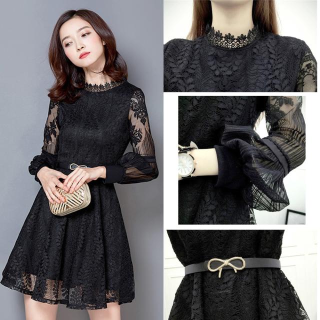 ワンピース 総レース レディース フレアワンピ スカラップ ベルト付き パーティードレス 送料無料 即日発送-9