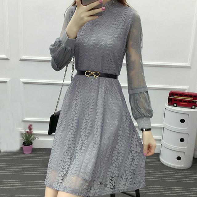 ワンピース 総レース レディース フレアワンピ スカラップ ベルト付き パーティードレス 送料無料 即日発送-5