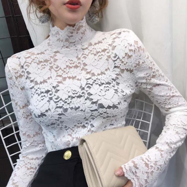 総レース カットソー レディース 花柄 シースルー ハイネック トップス エレガント セクシー 送料無料 即日発送-3