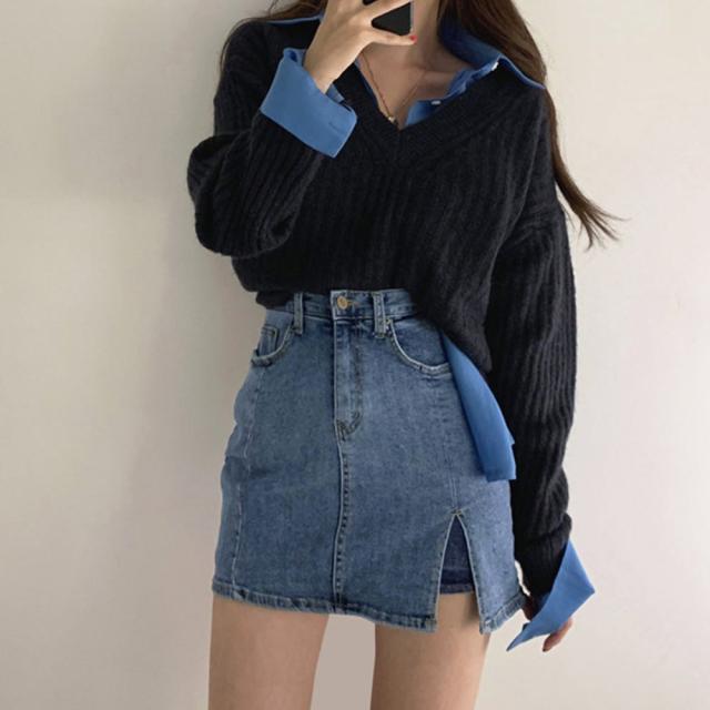 ミニ丈 キュロットスカート レディース デニム スリット入り ショート丈 スカート 送料無料 即日発送-1