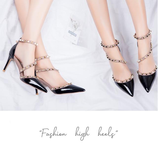 パンプス ハイヒール レディース アンクルストラップ リベット ピンヒール ポインテッドトゥ 送料無料 即日発送-3