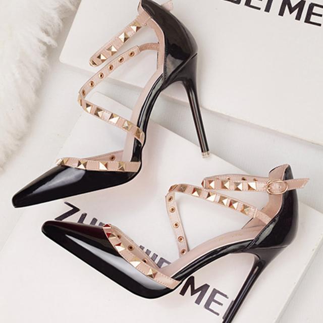 パンプス ハイヒール レディース アンクルストラップ リベット ピンヒール ポインテッドトゥ 送料無料 即日発送-4