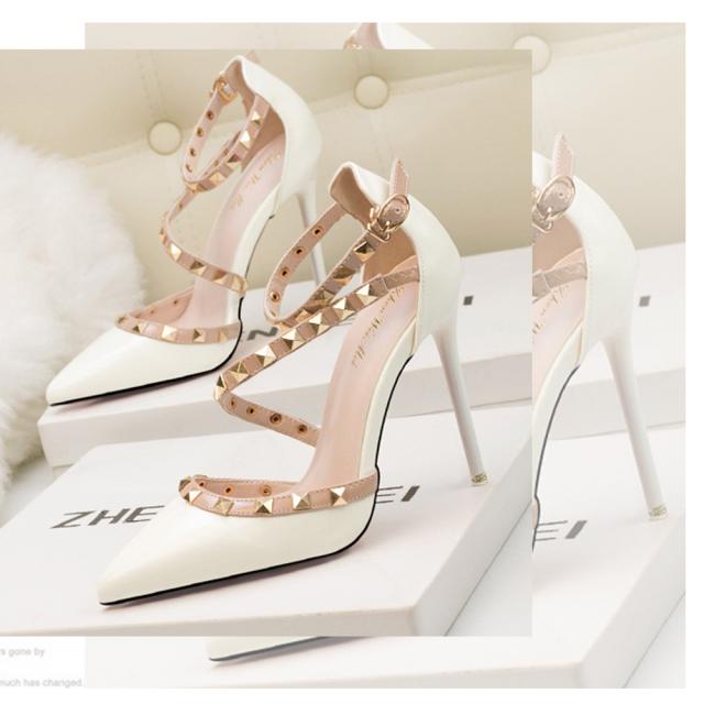 パンプス ハイヒール レディース アンクルストラップ リベット ピンヒール ポインテッドトゥ 送料無料 即日発送-6