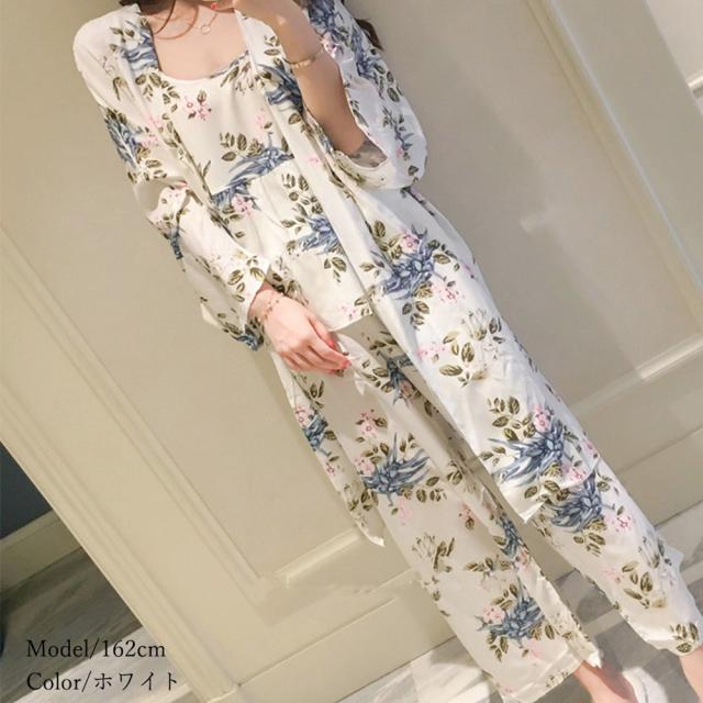 ルームウェア 3点レディース 花柄 パジャマ カーディガン ナイトウェア パンツ 送料無料 即日発送-9