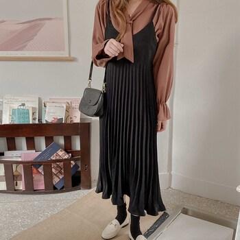 ワンピース プリーツ キャミソールワンピース レディース 重ね着 ロングワンピース 無地 フェミニン 送料無料 即日発送-3