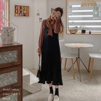 ワンピース プリーツ キャミソールワンピース レディース 重ね着 ロングワンピース 無地 フェミニン 送料無料 即日発送-4