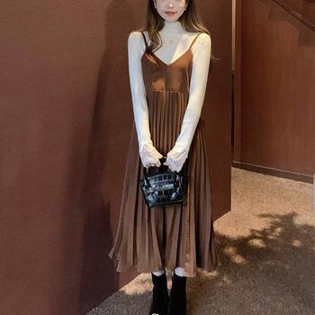 ワンピース プリーツ キャミソールワンピース レディース 重ね着 ロングワンピース 無地 フェミニン 送料無料 即日発送-7