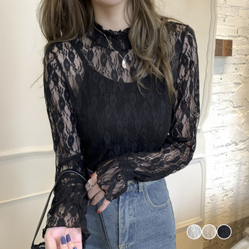 レース ブラウス レディース フリル シースルー トップス 花柄 プチハイネック きれいめ 送料無料 即日発送-0