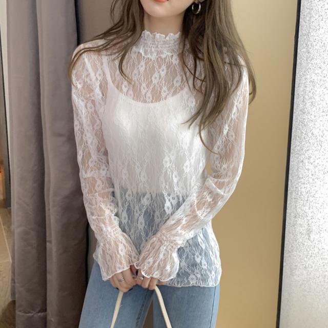 レース ブラウス レディース フリル シースルー トップス 花柄 プチハイネック きれいめ 送料無料 即日発送-3