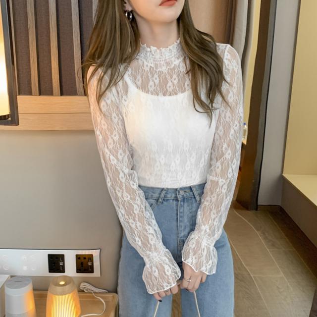 レース ブラウス レディース フリル シースルー トップス 花柄 プチハイネック きれいめ 送料無料 即日発送-4
