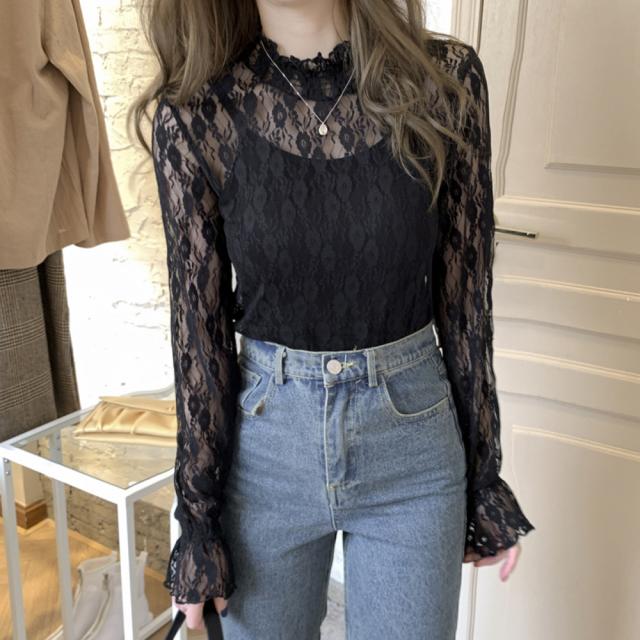 レース ブラウス レディース フリル シースルー トップス 花柄 プチハイネック きれいめ 送料無料 即日発送-7