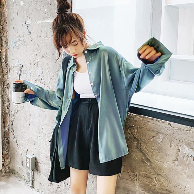 ブラウス サテン ロングシャツ 光沢 トップス 長袖 カーディガン レディース レトロデザイン 送料無料 即日発送-2