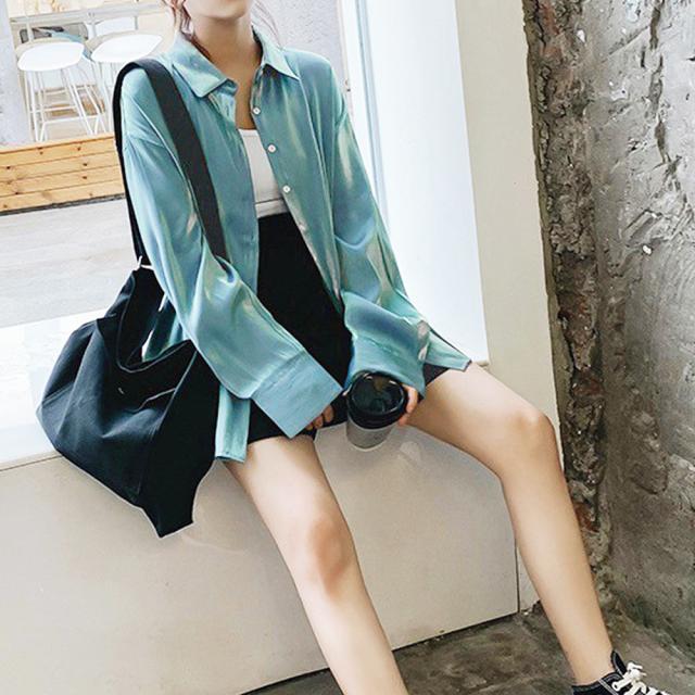 ブラウス サテン ロングシャツ 光沢 トップス 長袖 カーディガン レディース レトロデザイン 送料無料 即日発送-3